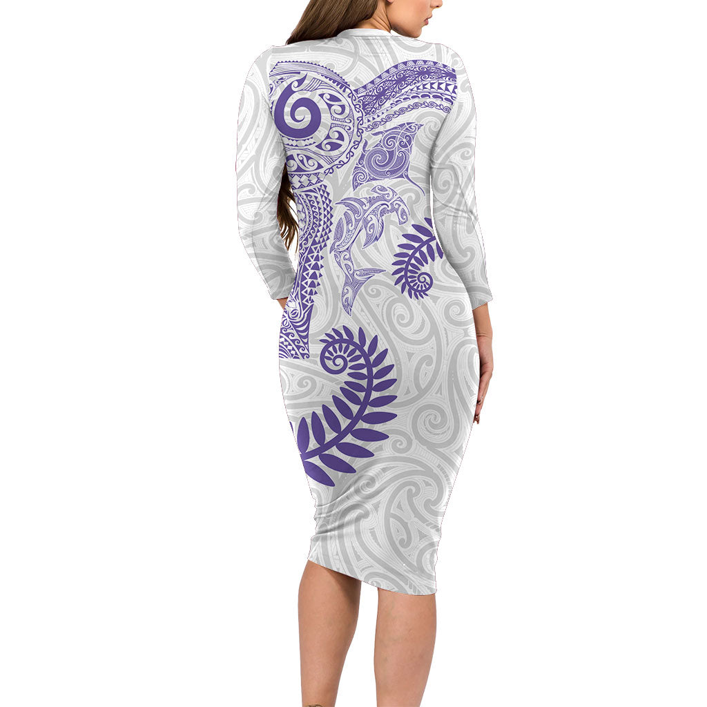 Aotearoa Maori Sea Animals Tribal Long Sleeve Bodycon Dress Manta Ray and Shark Moko Pattern Purple Color