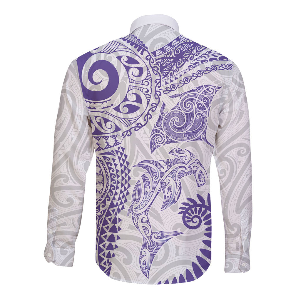 Aotearoa Maori Sea Animals Tribal Long Sleeve Button Shirt Manta Ray and Shark Moko Pattern Purple Color