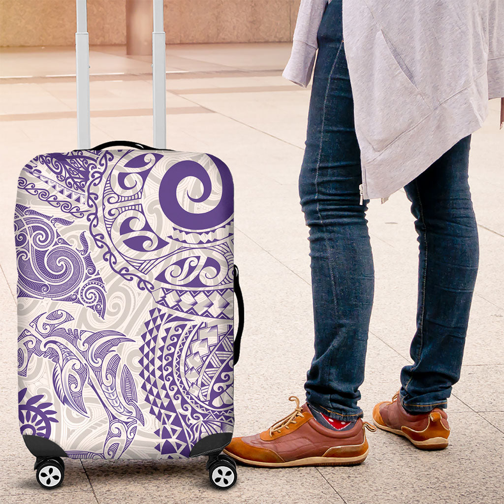 Aotearoa Maori Sea Animals Tribal Luggage Cover Manta Ray and Shark Moko Pattern Purple Color
