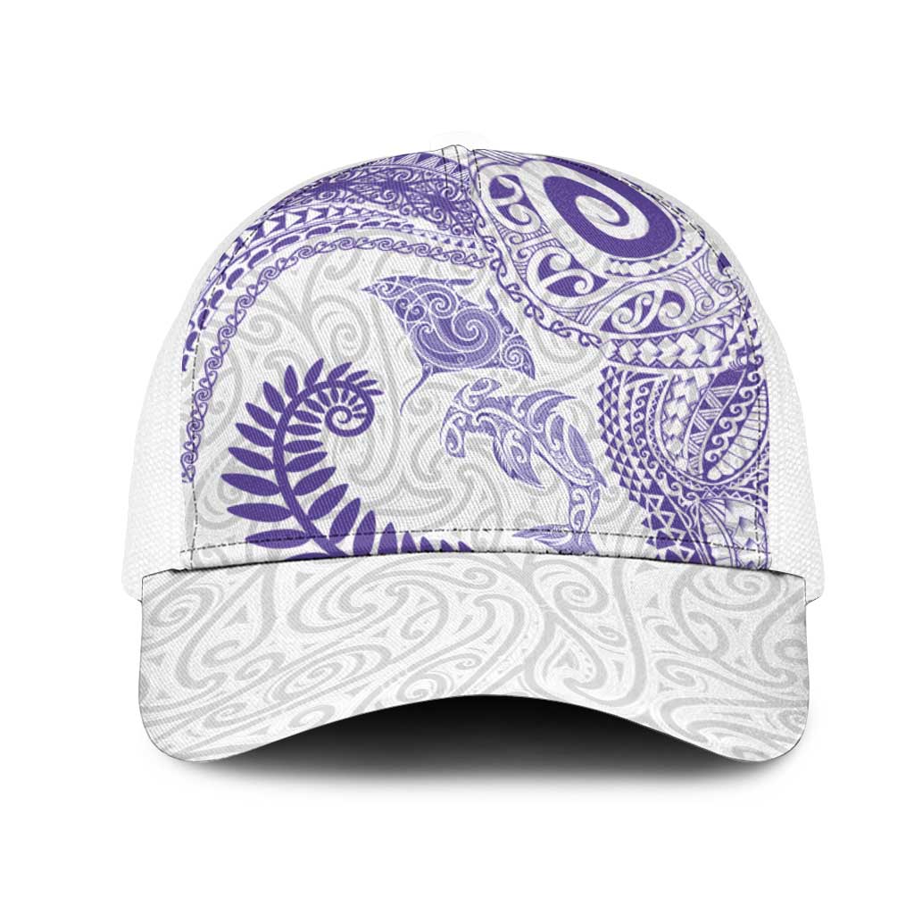 Aotearoa Maori Sea Animals Tribal Mesh Trucker Cap Manta Ray and Shark Moko Pattern Purple Color LT03 One Size White Purple - Polynesian Pride