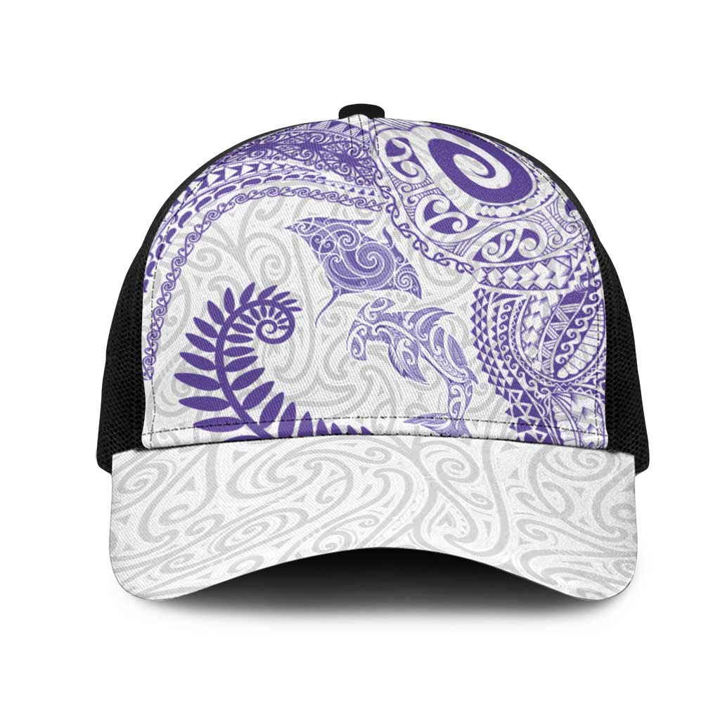 Aotearoa Maori Sea Animals Tribal Mesh Trucker Cap Manta Ray and Shark Moko Pattern Purple Color LT03 One Size Black Purple - Polynesian Pride