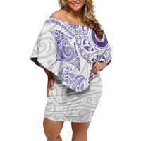 Aotearoa Maori Sea Animals Tribal Off Shoulder Short Dress Manta Ray and Shark Moko Pattern Purple Color