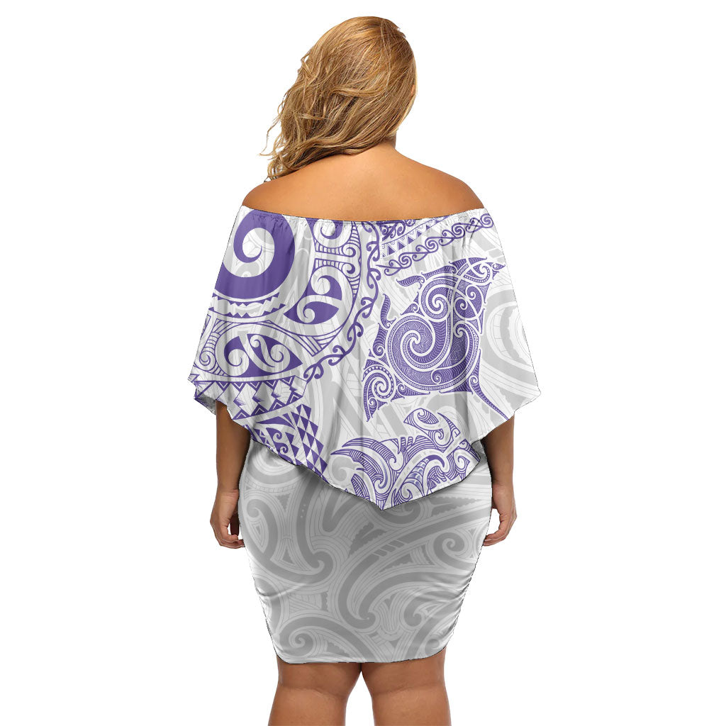 Aotearoa Maori Sea Animals Tribal Off Shoulder Short Dress Manta Ray and Shark Moko Pattern Purple Color