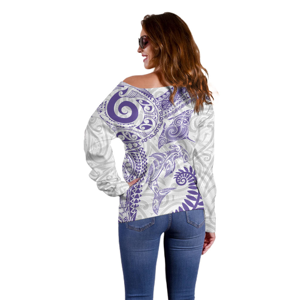 Aotearoa Maori Sea Animals Tribal Off Shoulder Sweater Manta Ray and Shark Moko Pattern Purple Color