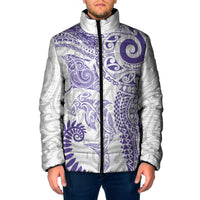Aotearoa Maori Sea Animals Tribal Padded Jacket Manta Ray and Shark Moko Pattern Purple Color