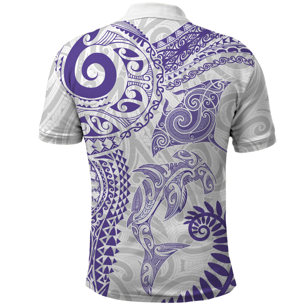 Aotearoa Maori Sea Animals Tribal Polo Shirt Manta Ray and Shark Moko Pattern Purple Color