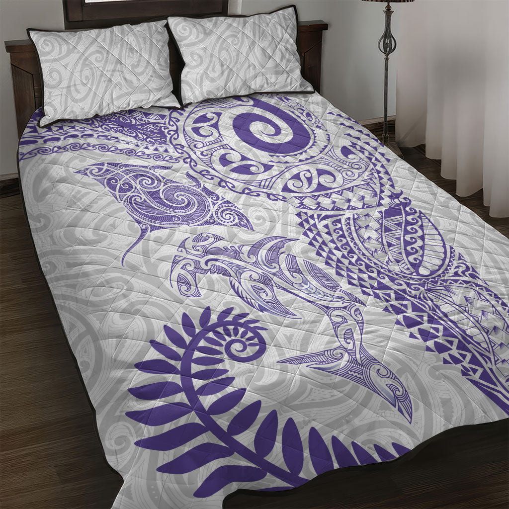Aotearoa Maori Sea Animals Tribal Quilt Bed Set Manta Ray and Shark Moko Pattern Purple Color