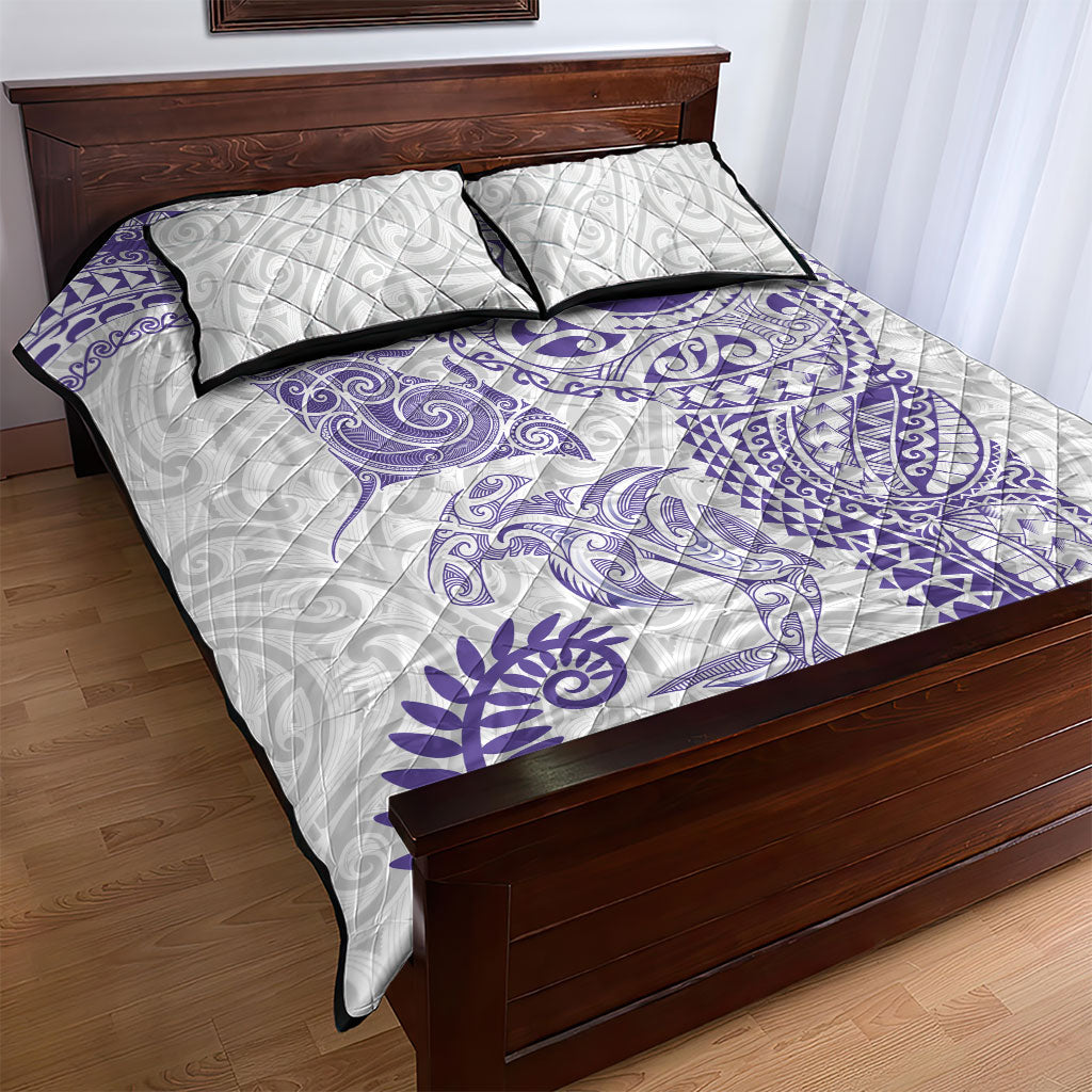 Aotearoa Maori Sea Animals Tribal Quilt Bed Set Manta Ray and Shark Moko Pattern Purple Color