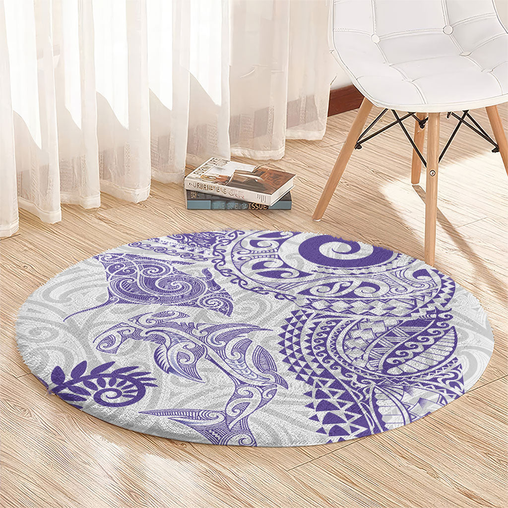Aotearoa Maori Sea Animals Tribal Round Carpet Manta Ray and Shark Moko Pattern Purple Color