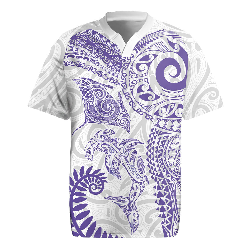 Aotearoa Maori Sea Animals Tribal Rugby Jersey Manta Ray and Shark Moko Pattern Purple Color LT03 Purple - Polynesian Pride
