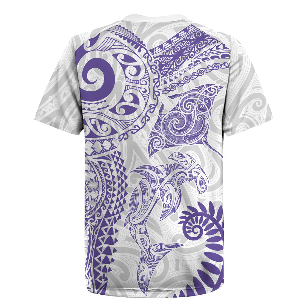 Aotearoa Maori Sea Animals Tribal Rugby Jersey Manta Ray and Shark Moko Pattern Purple Color LT03 - Polynesian Pride