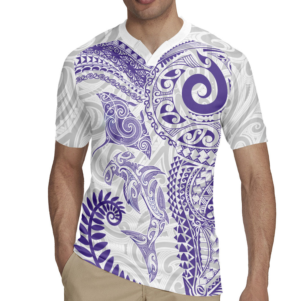 Aotearoa Maori Sea Animals Tribal Rugby Jersey Manta Ray and Shark Moko Pattern Purple Color LT03 - Polynesian Pride