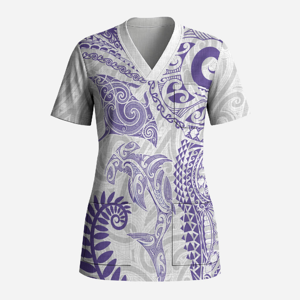 Aotearoa Maori Sea Animals Tribal Scrub Top Manta Ray and Shark Moko Pattern Purple Color LT03 Adult Purple - Polynesian Pride