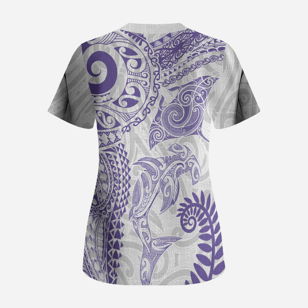 Aotearoa Maori Sea Animals Tribal Scrub Top Manta Ray and Shark Moko Pattern Purple Color LT03 - Polynesian Pride