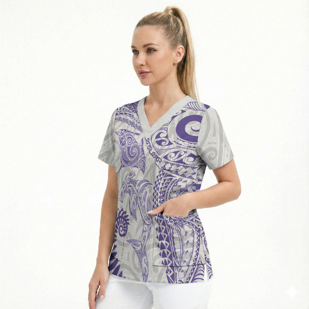 Aotearoa Maori Sea Animals Tribal Scrub Top Manta Ray and Shark Moko Pattern Purple Color LT03 - Polynesian Pride