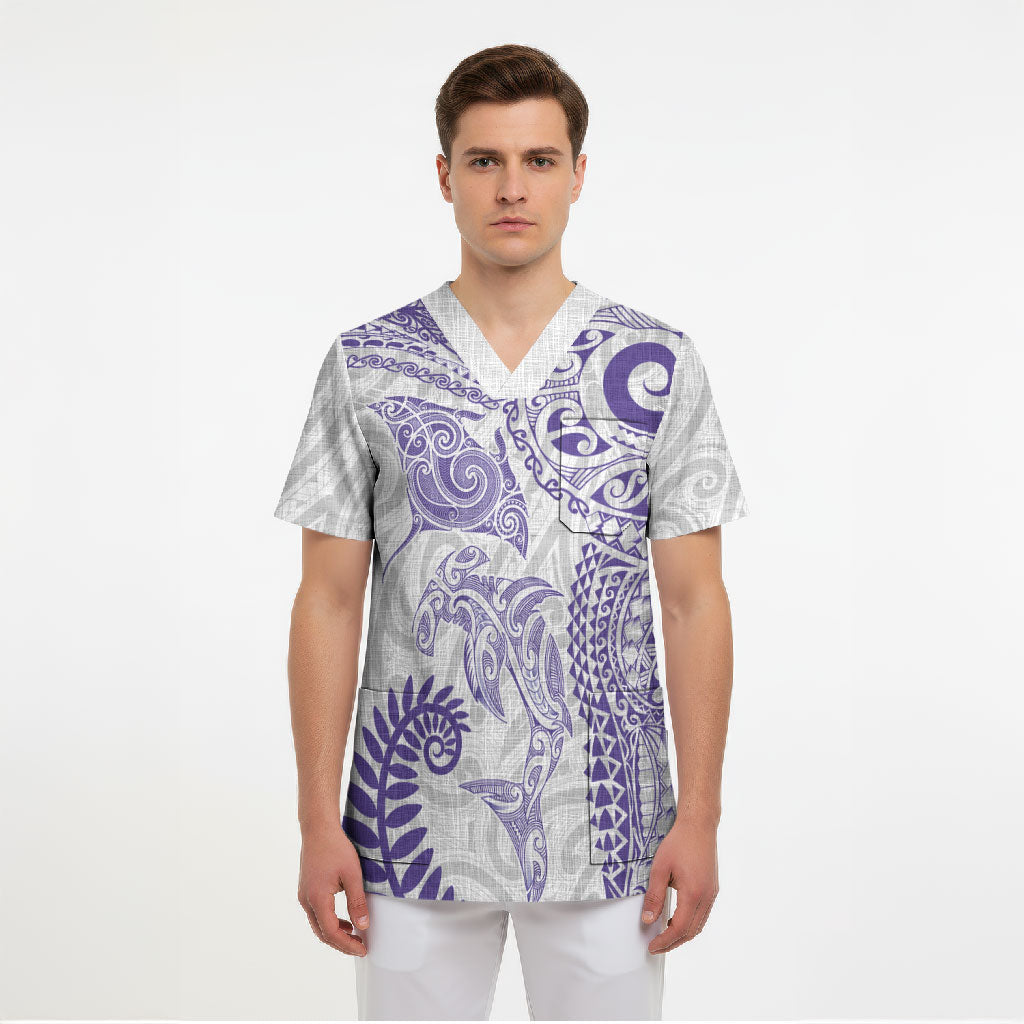 Aotearoa Maori Sea Animals Tribal Scrub Top Manta Ray and Shark Moko Pattern Purple Color LT03 - Polynesian Pride