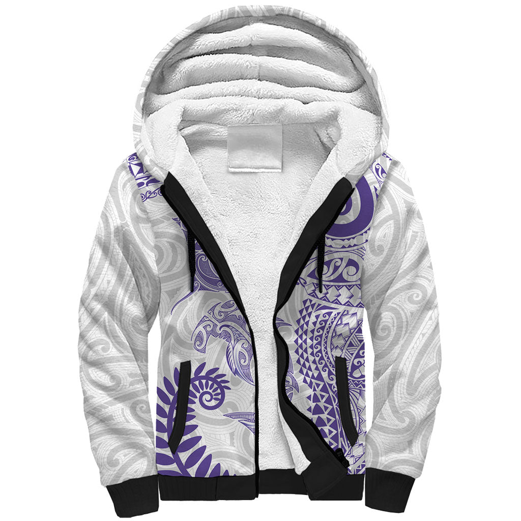 Aotearoa Maori Sea Animals Tribal Sherpa Hoodie Manta Ray and Shark Moko Pattern Purple Color