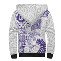 Aotearoa Maori Sea Animals Tribal Sherpa Hoodie Manta Ray and Shark Moko Pattern Purple Color