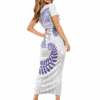 Aotearoa Maori Sea Animals Tribal Short Sleeve Bodycon Dress Manta Ray and Shark Moko Pattern Purple Color LT03 - Polynesian Pride