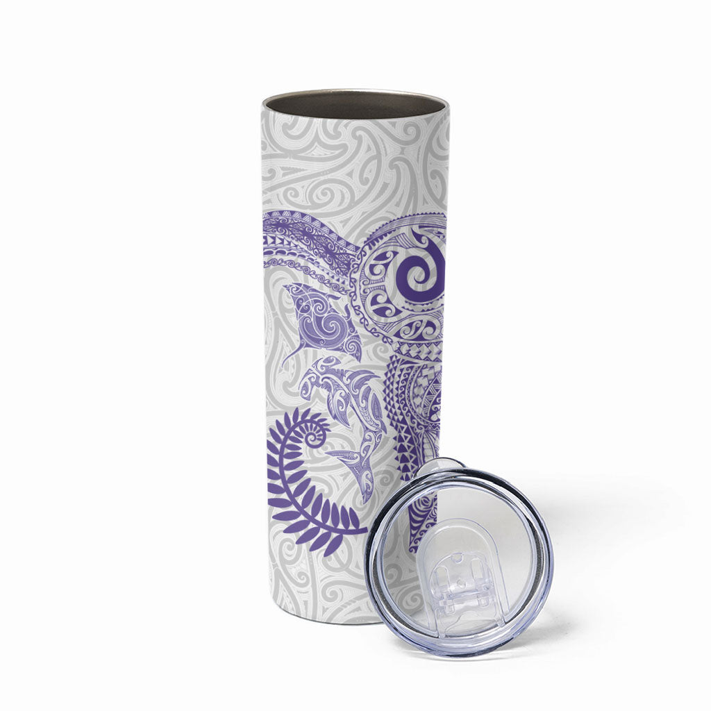 Aotearoa Maori Sea Animals Tribal Skinny Tumbler Manta Ray and Shark Moko Pattern Purple Color