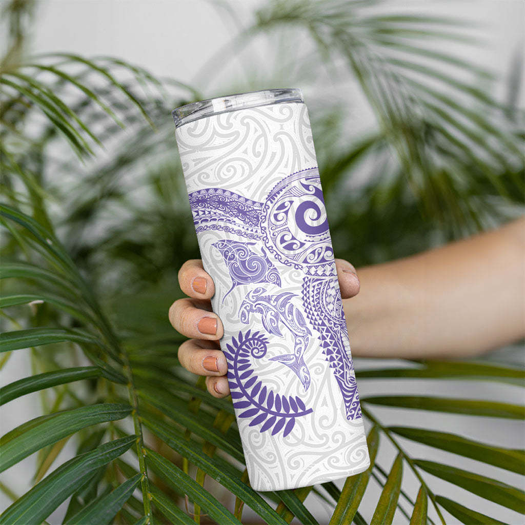 Aotearoa Maori Sea Animals Tribal Skinny Tumbler Manta Ray and Shark Moko Pattern Purple Color