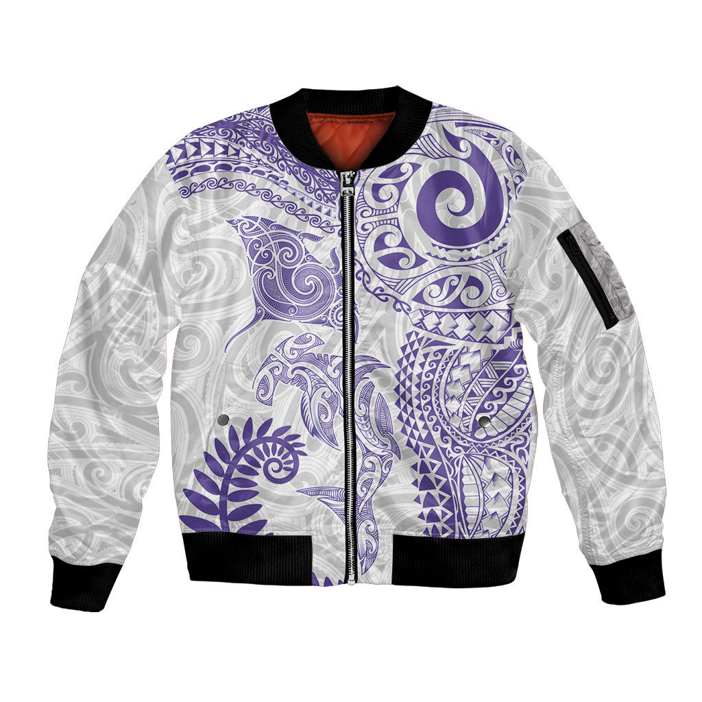 Aotearoa Maori Sea Animals Tribal Sleeve Zip Bomber Jacket Manta Ray and Shark Moko Pattern Purple Color
