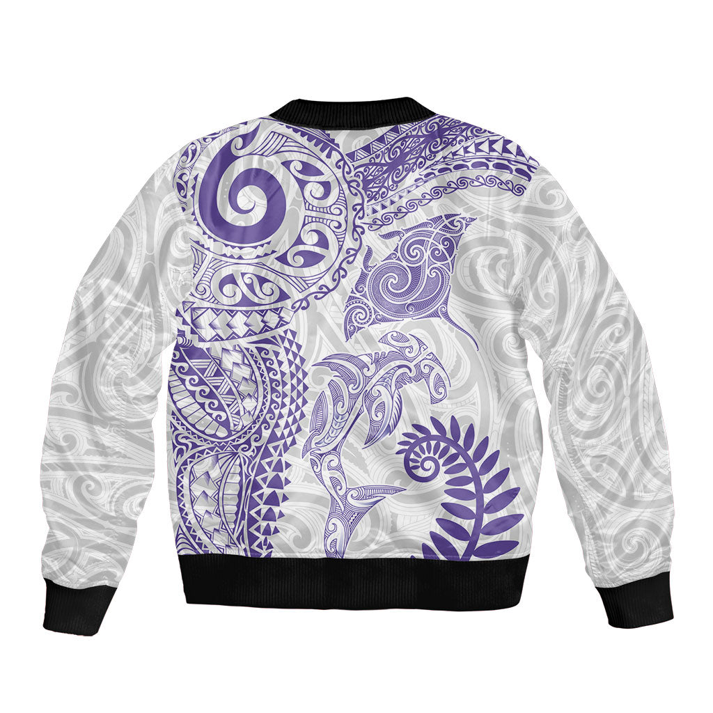 Aotearoa Maori Sea Animals Tribal Sleeve Zip Bomber Jacket Manta Ray and Shark Moko Pattern Purple Color