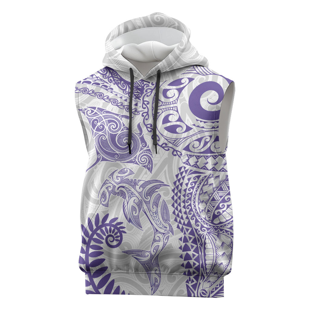 Aotearoa Maori Sea Animals Tribal Sleeveless Hoodie Manta Ray and Shark Moko Pattern Purple Color
