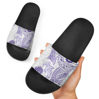 Aotearoa Maori Sea Animals Tribal Slide Sandals Manta Ray and Shark Moko Pattern Purple Color