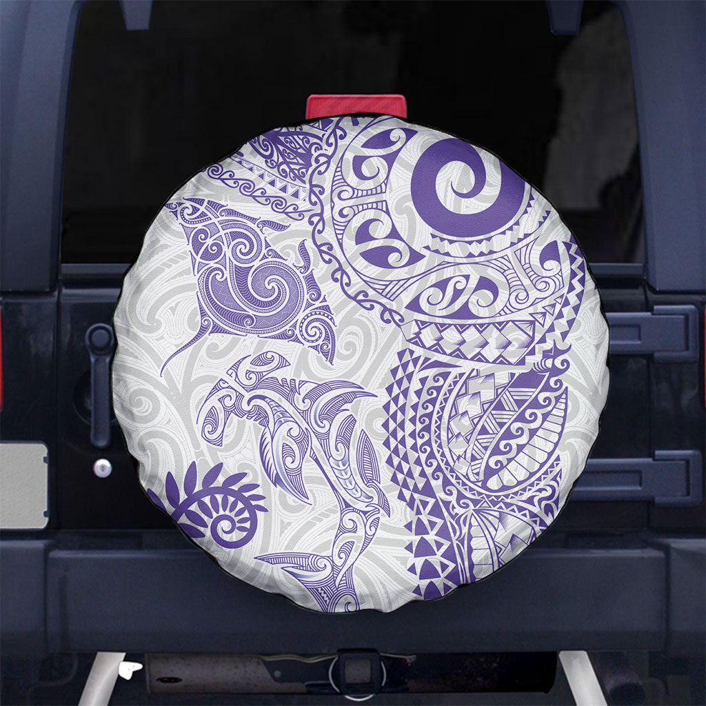 Aotearoa Maori Sea Animals Tribal Spare Tire Cover Manta Ray and Shark Moko Pattern Purple Color
