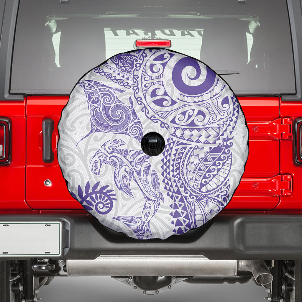 Aotearoa Maori Sea Animals Tribal Spare Tire Cover Manta Ray and Shark Moko Pattern Purple Color