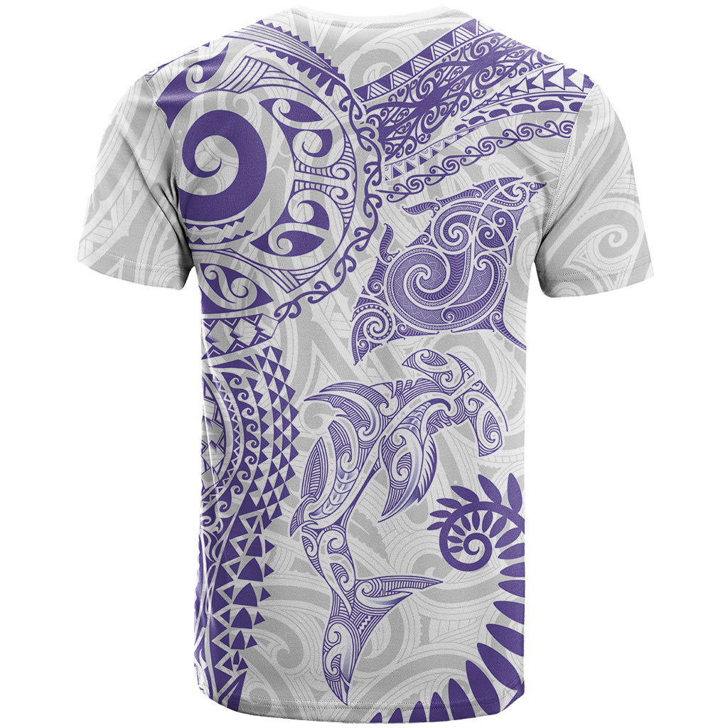 Aotearoa Maori Sea Animals Tribal T Shirt Manta Ray and Shark Moko Pattern Purple Color