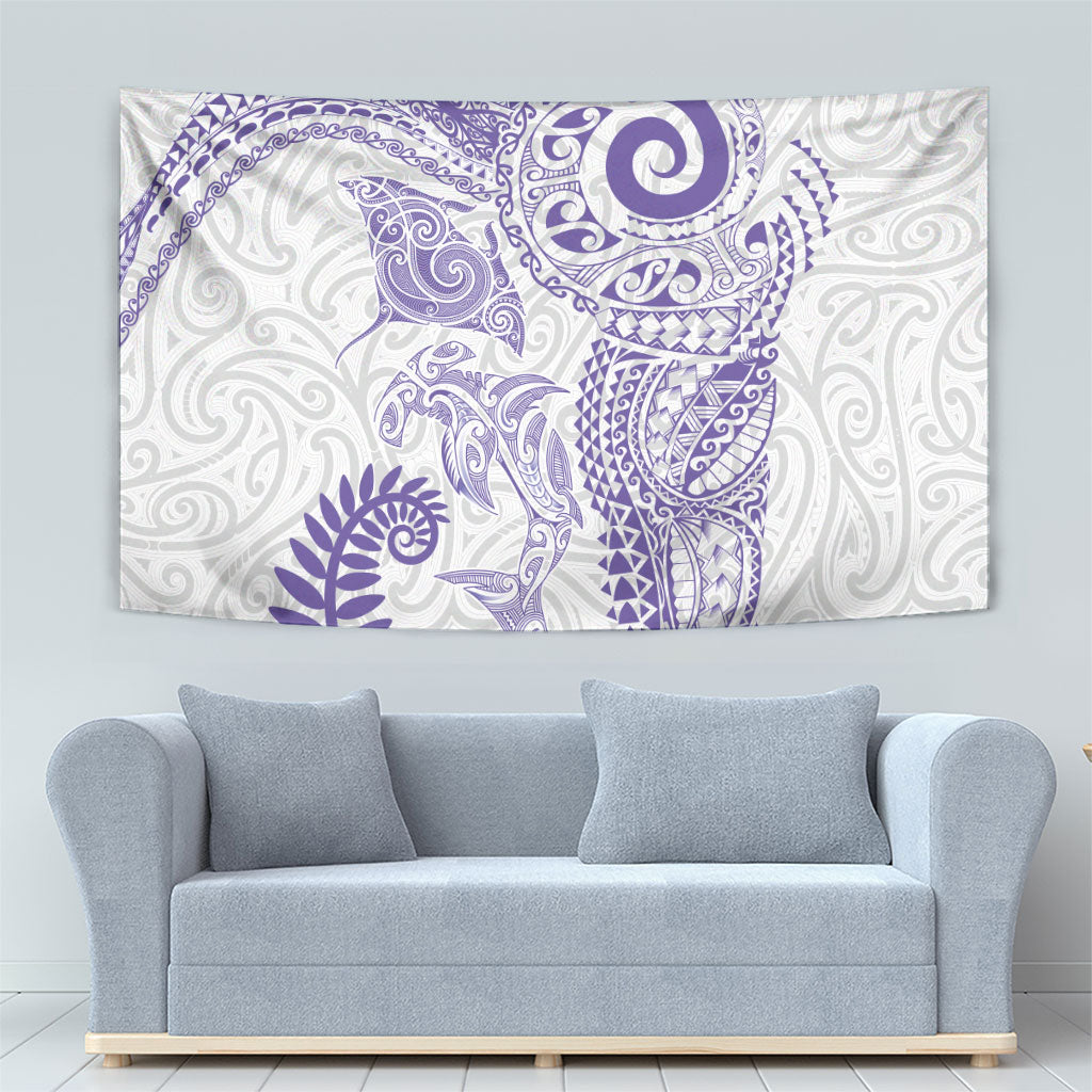 Aotearoa Maori Sea Animals Tribal Tapestry Manta Ray and Shark Moko Pattern Purple Color