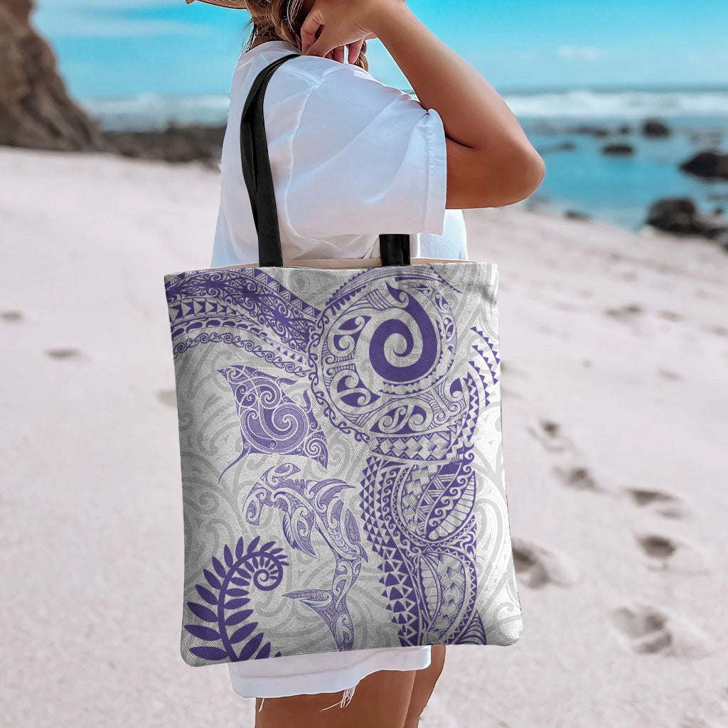 Aotearoa Maori Sea Animals Tribal Tote Bag Manta Ray and Shark Moko Pattern Purple Color