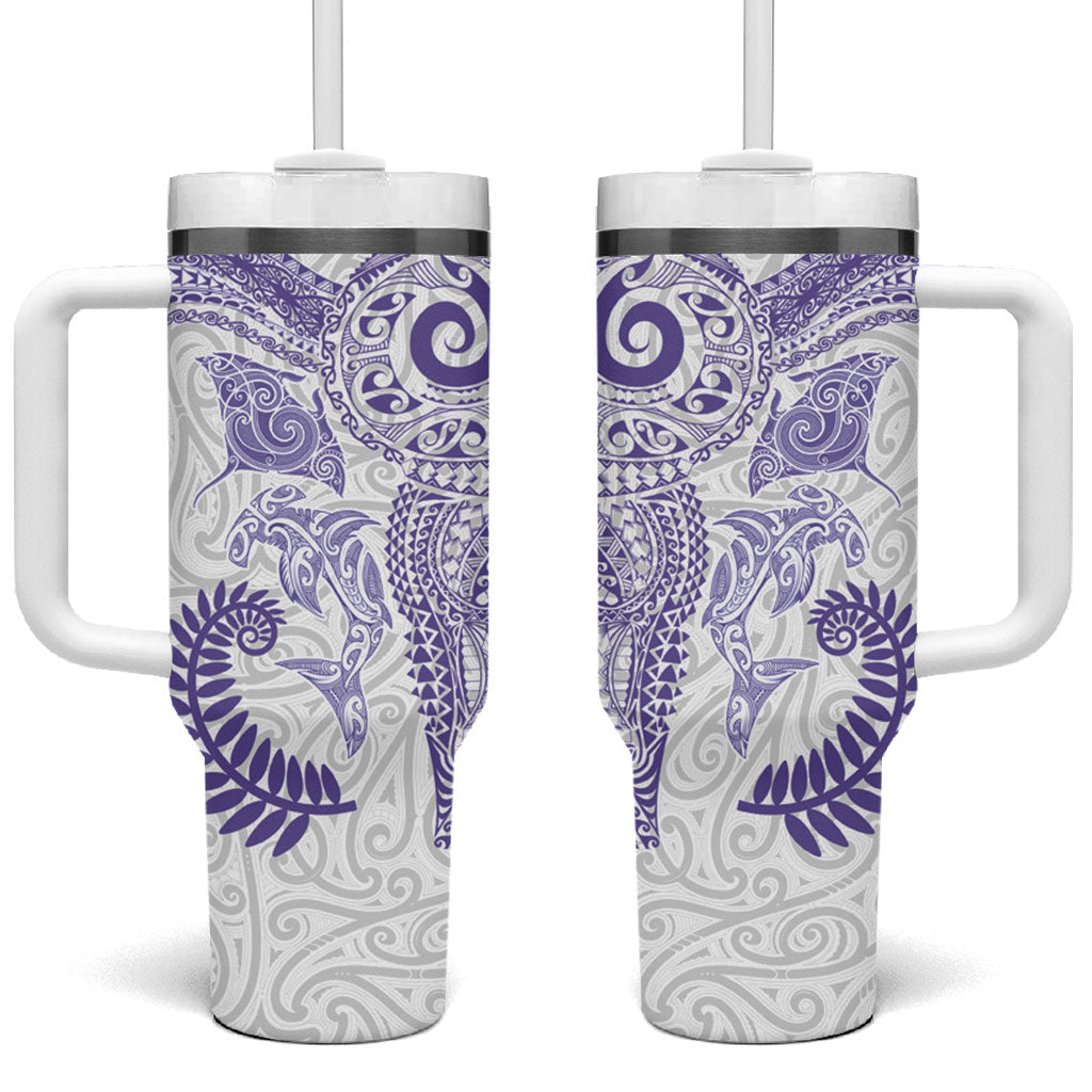 Aotearoa Maori Sea Animals Tribal Tumbler With Handle Manta Ray and Shark Moko Pattern Purple Color