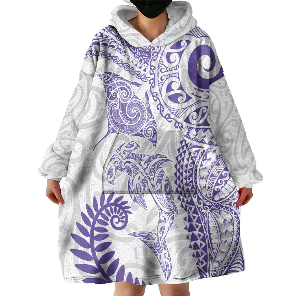 Aotearoa Maori Sea Animals Tribal Wearable Blanket Hoodie Manta Ray and Shark Moko Pattern Purple Color