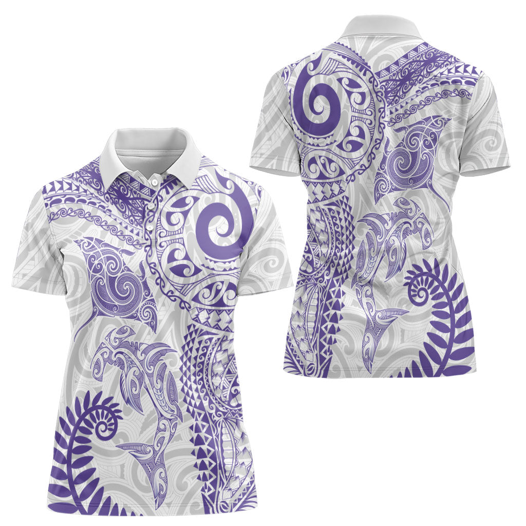 Aotearoa Maori Sea Animals Tribal Women Polo Shirt Manta Ray and Shark Moko Pattern Purple Color