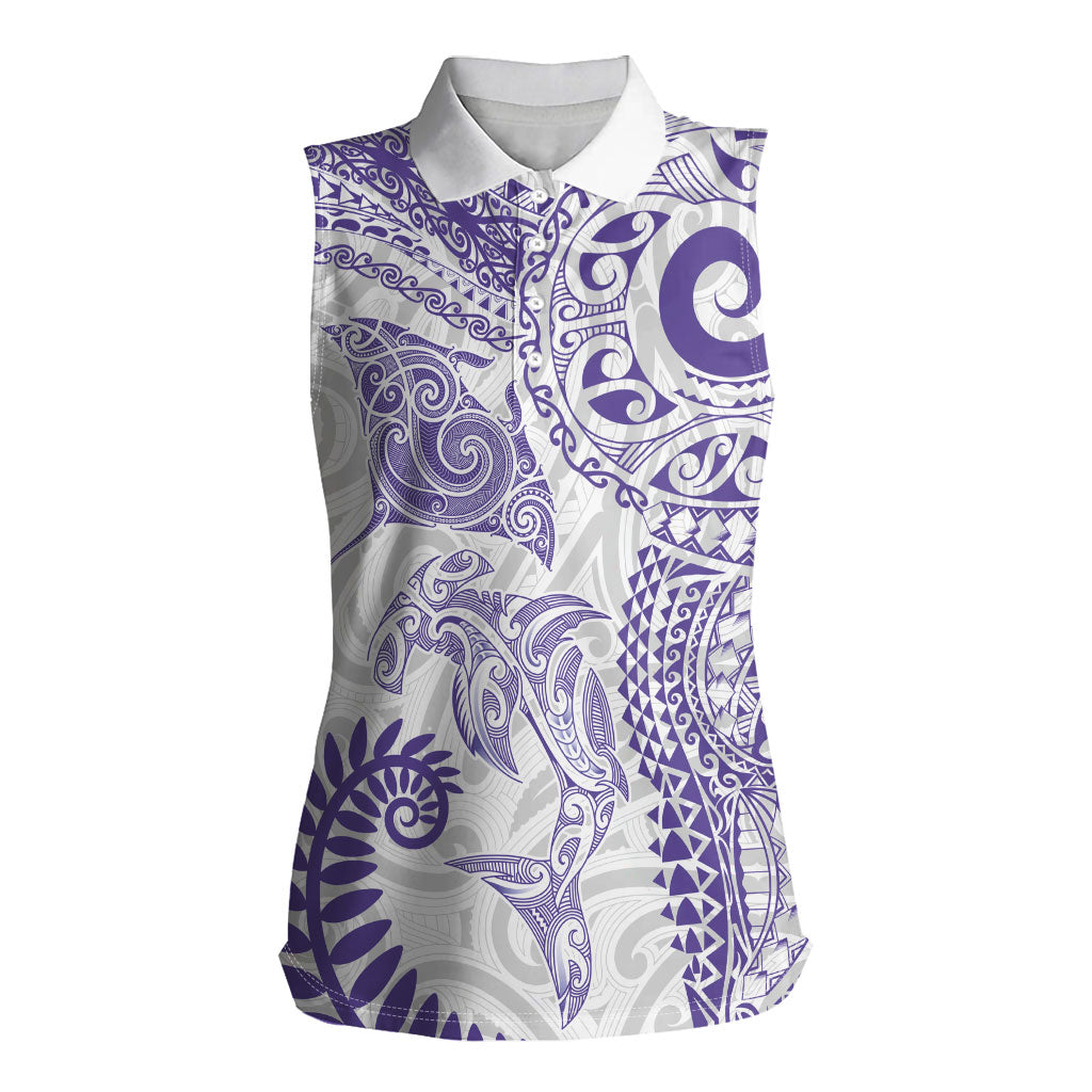 Aotearoa Maori Sea Animals Tribal Women Sleeveless Polo Shirt Manta Ray and Shark Moko Pattern Purple Color
