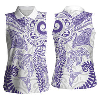 Aotearoa Maori Sea Animals Tribal Women Sleeveless Polo Shirt Manta Ray and Shark Moko Pattern Purple Color