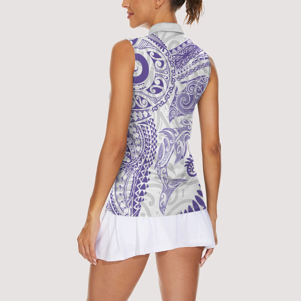 Aotearoa Maori Sea Animals Tribal Women Sleeveless Polo Shirt Manta Ray and Shark Moko Pattern Purple Color