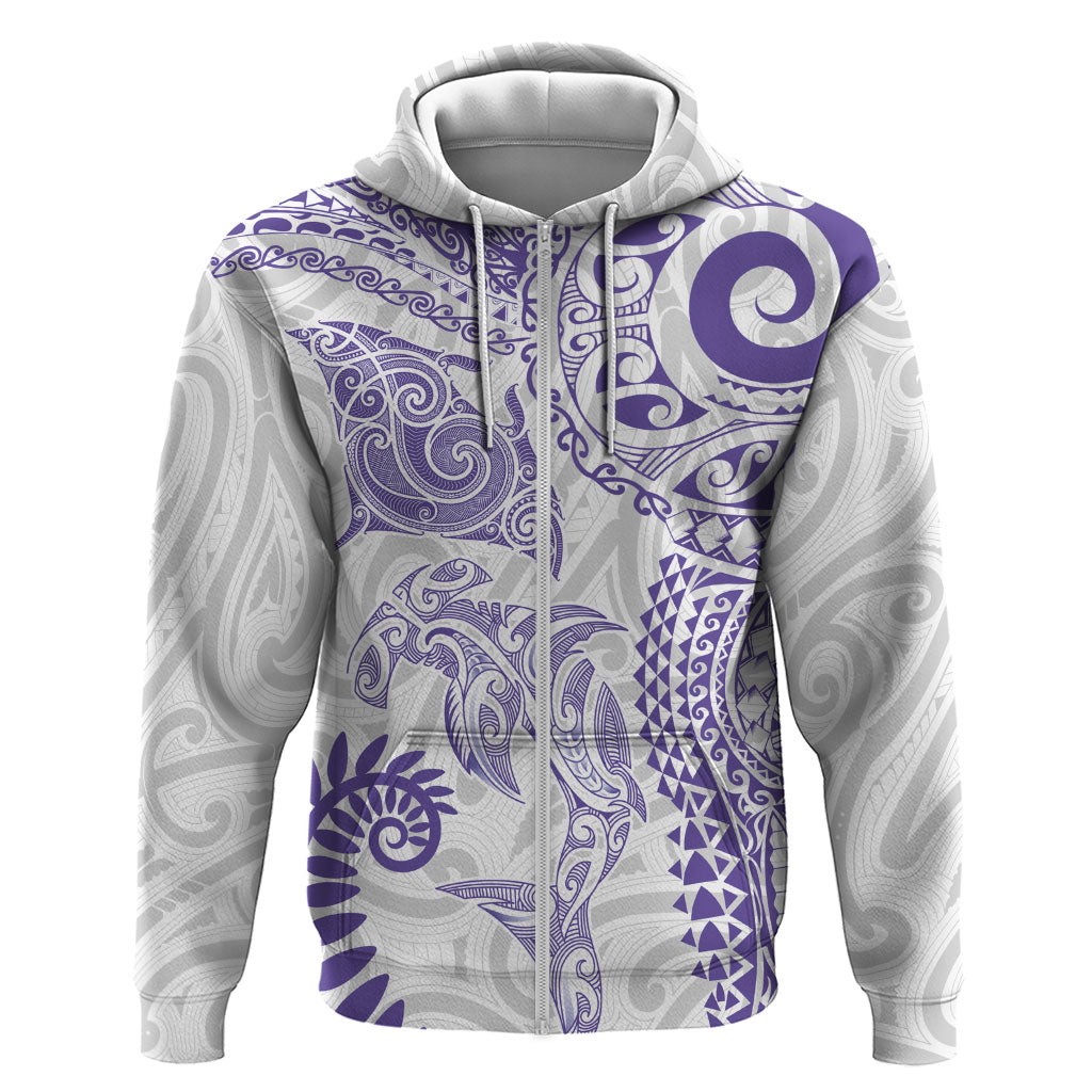 Aotearoa Maori Sea Animals Tribal Zip Hoodie Manta Ray and Shark Moko Pattern Purple Color