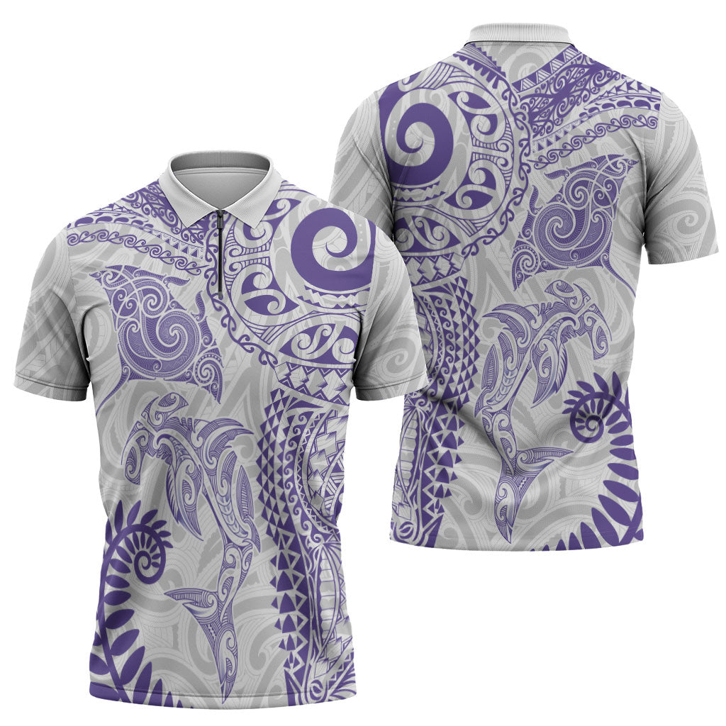 Aotearoa Maori Sea Animals Tribal Zipper Polo Shirt Manta Ray and Shark Moko Pattern Purple Color