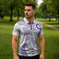 Aotearoa Maori Sea Animals Tribal Zipper Polo Shirt Manta Ray and Shark Moko Pattern Purple Color