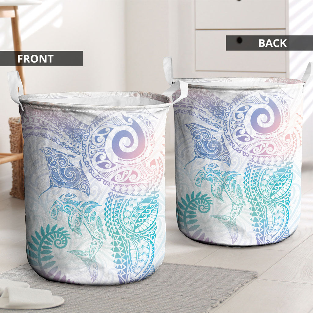 Aotearoa Maori Sea Animals Tribal Laundry Basket Manta Ray and Shark Moko Pattern Sweet Pastel