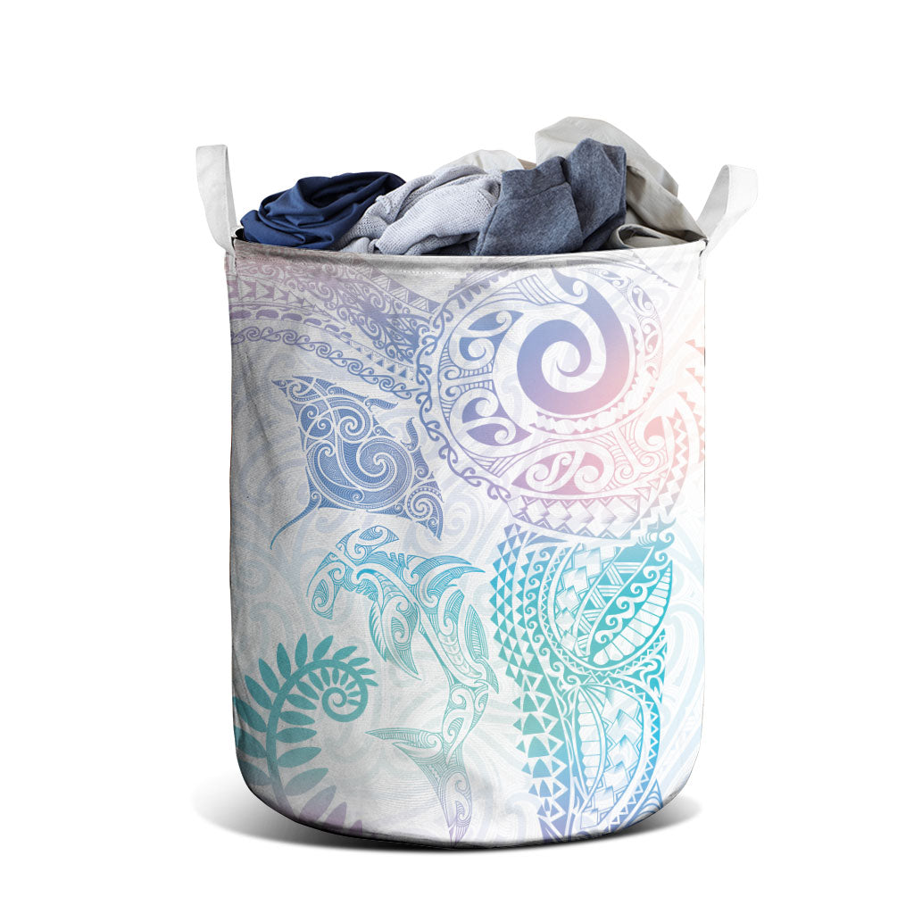 Aotearoa Maori Sea Animals Tribal Laundry Basket Manta Ray and Shark Moko Pattern Sweet Pastel