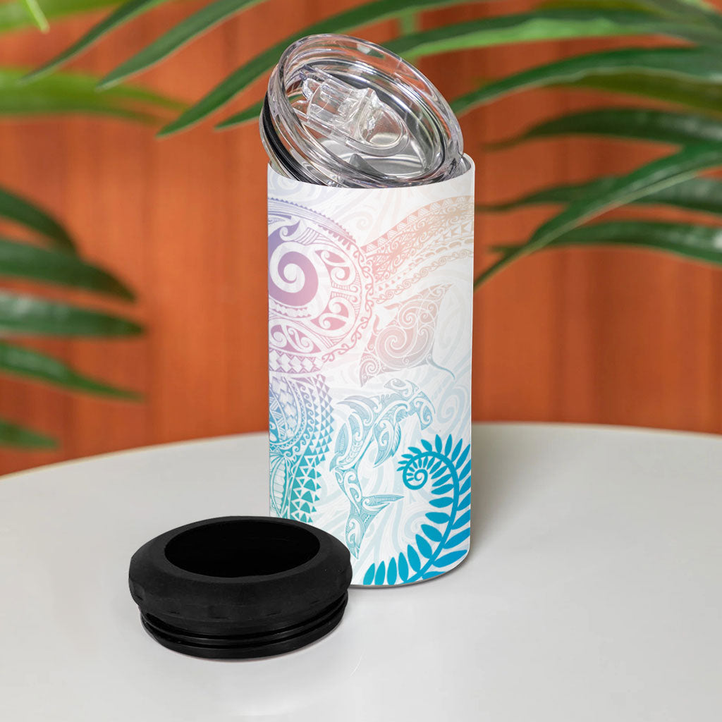 Aotearoa Maori Sea Animals Tribal 4 in 1 Can Cooler Tumbler Manta Ray and Shark Moko Pattern Sweet Pastel