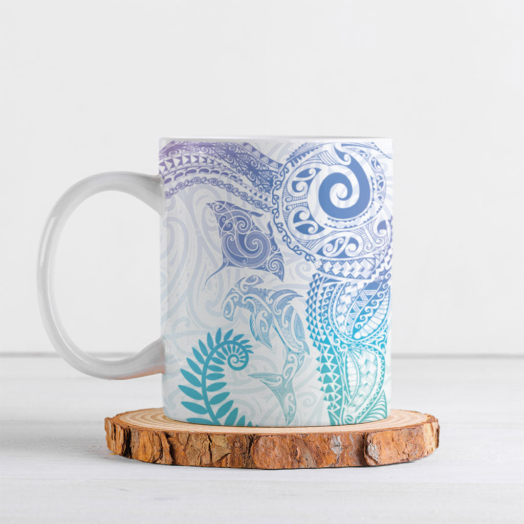 Aotearoa Maori Sea Animals Tribal Ceramic Mug Manta Ray and Shark Moko Pattern Sweet Pastel