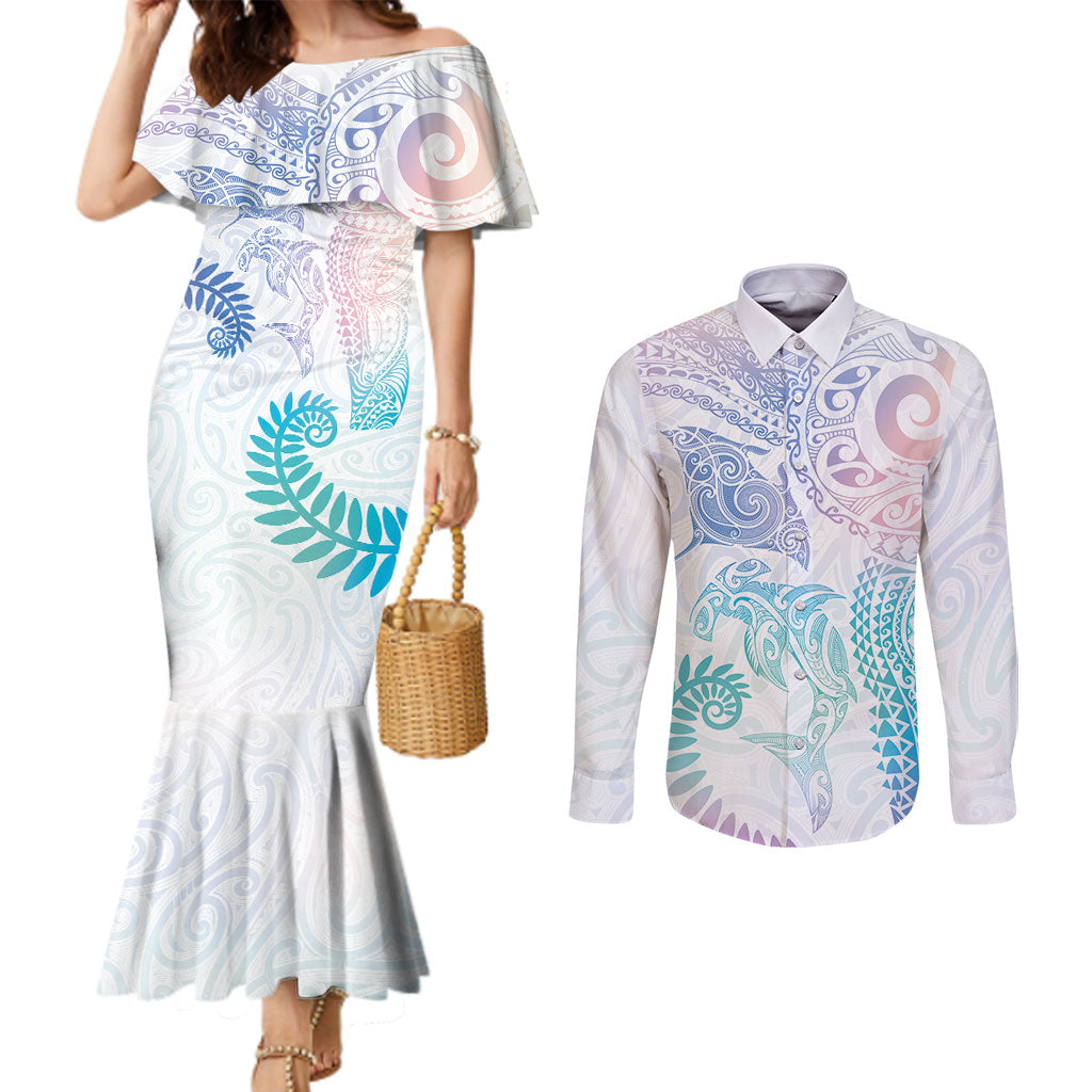 Aotearoa Maori Sea Animals Tribal Couples Matching Mermaid Dress and Long Sleeve Button Shirt Manta Ray and Shark Moko Pattern Sweet Pastel