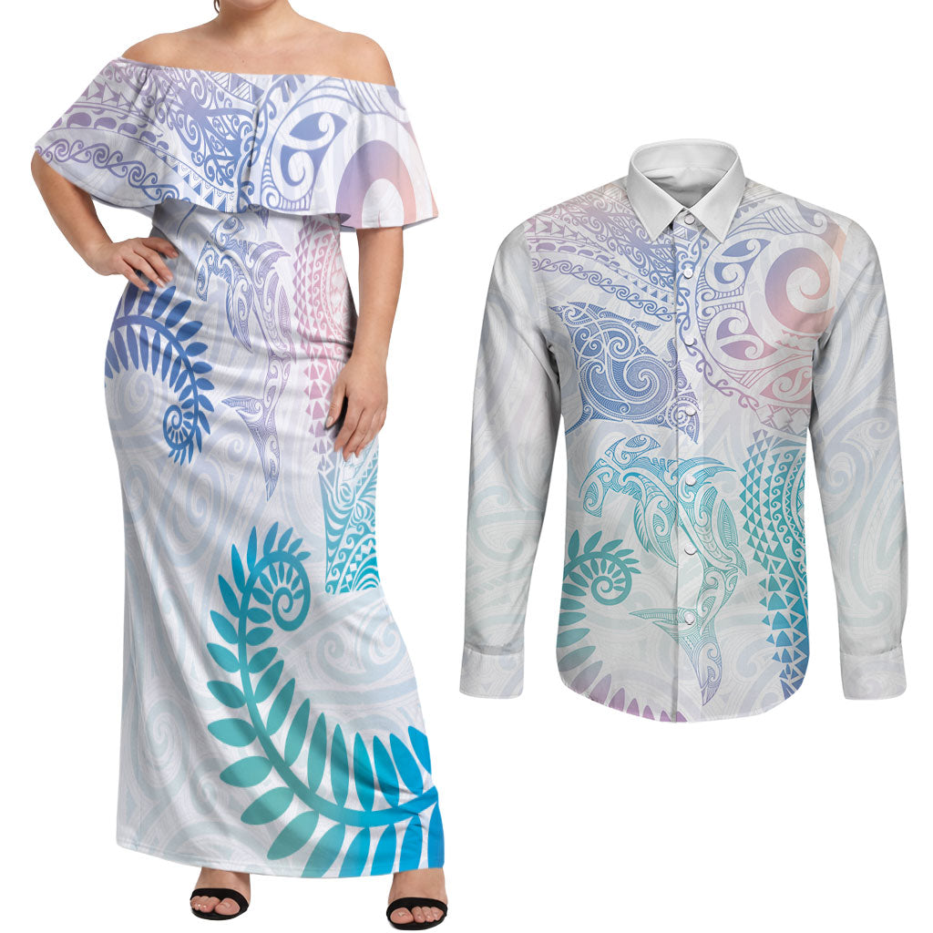 Aotearoa Maori Sea Animals Tribal Couples Matching Off Shoulder Maxi Dress and Long Sleeve Button Shirt Manta Ray and Shark Moko Pattern Sweet Pastel LT03 Multicolor - Polynesian Pride