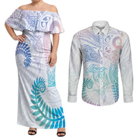 Aotearoa Maori Sea Animals Tribal Couples Matching Off Shoulder Maxi Dress and Long Sleeve Button Shirt Manta Ray and Shark Moko Pattern Sweet Pastel LT03 Multicolor - Polynesian Pride
